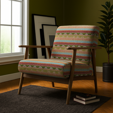 Mid-century modern armchair with Moroccan Kilim fabric.
